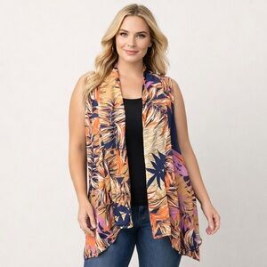 Iman Tropical Print Waterfall Vest Open Front Sleeveless Stretch Size Large